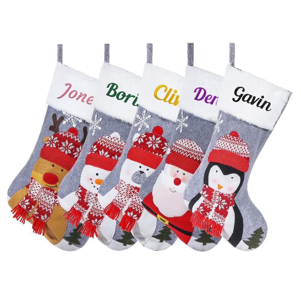 SINKSONS Personalized Christmas Stockings - 18.5" Faux Fur Cuff Stockings with Names, Ideal for Stairs Fireplace Hanging - 3D Design-Unforgettable Xmas Home Dcor (5 pcs)