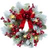 Svndlyn 22 Inch Lighted Snow Flocked Christmas Wreath with Red Bow Ball Ornaments PineCones Berries Holiday Hanging Decoration for Door, Wall, Mantel view 1