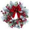 Svndlyn 22 Inch Lighted Snow Flocked Christmas Wreath with Red Bow Ball Ornaments PineCones Berries Holiday Hanging Decoration for Door, Wall, Mantel view 2