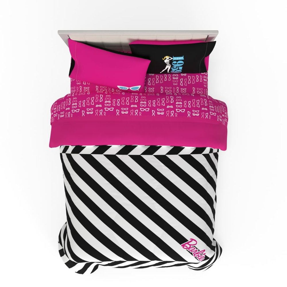 Barbie 1959 Super Soft Cozy Reversible Comforter and Sheet Set, 5 Piece Full Size, (Official Licensed Product) by Franco Collectibles