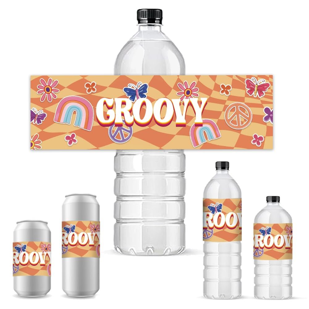 PH PandaHall 30pcs Groovy Water Bottle Labels, 70s Disco Bottle Stickers Decorative Bottle Wrappers Waterproof Bottle Wraps Self-Adhesive Water Bottle Label for Birthday Party Favors