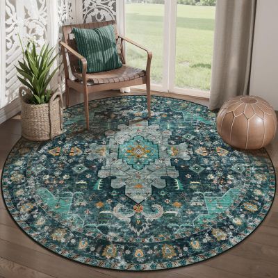 Ciicool Washable Area Rug Round 5x5 Teal Boho Bedroom Non-Slip Oriental Entry Throw Low-Pile Indoor Floor Carpet for Dining Room Laundry Foyer Decor (Teal/Multi)