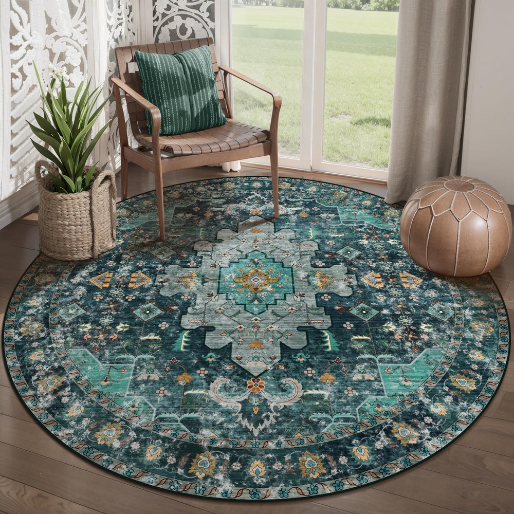 Ciicool Washable Area Rug Round 5x5 Teal Boho Bedroom Non-Slip Oriental Entry Throw Low-Pile Indoor Floor Carpet for Dining Room Laundry Foyer Decor (Teal/Multi)