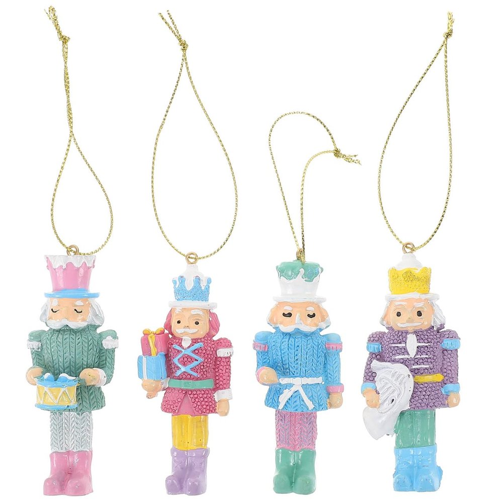 VOSAREA 4pcs Pastel Nutcrackers Resin Candy Christmas Nutcracker Pendants Bright Color Xmas Tree Wooden Solider Pendant Hanging Ornament (8CM)