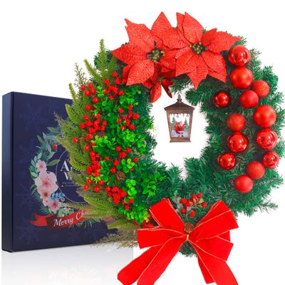 Wreaths for Front Door Windows with Light, 24 Inch Red Large Lighted Wreath for Kitchen Cabinets Outdoor Decorations, Wreath with Bow for Wall Party Indoor Home Decor