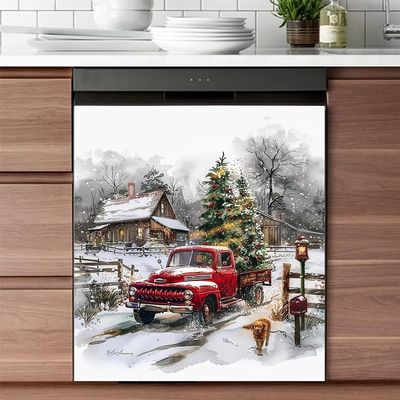 Christmas Tree Red Truck Wallpaper Dishwasher Magnetic Stickers Winter Snow Kitchen Fridge Magnet Cover Decals Home Decorations Vinyl Sticker 23W x 26H inchs