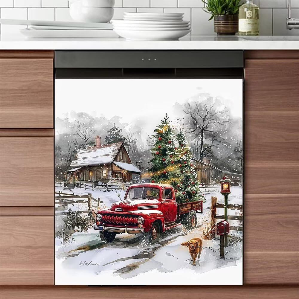Christmas Tree Red Truck Wallpaper Dishwasher Magnetic Stickers Winter Snow Kitchen Fridge Magnet Cover Decals Home Decorations Vinyl Sticker 23W x 26H inchs