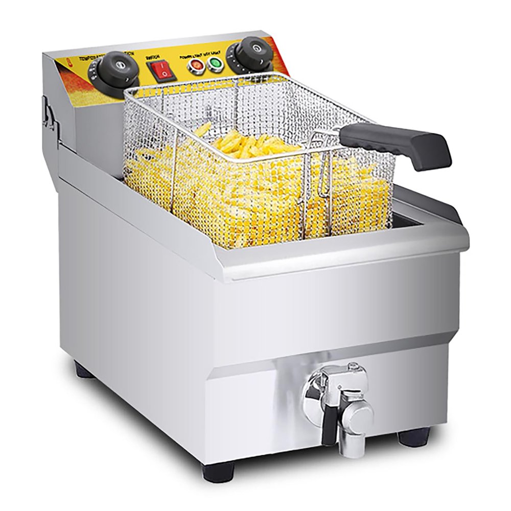 DAYOBOB 11L Commercial Electric Deep Fryer - Single Tank Frying Machine for Chicken, Popcorn, and French Fries - High-Capacity Fryer with Oil Drainage System,Silver