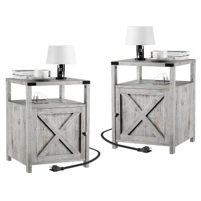 HOSEOKA Farmhouse Nightstand Set of 2 with Charging Station, Rustic End Table Bedroom with Storage Living Room Side Table Grayish White Night Stand Industrial Bedside Table