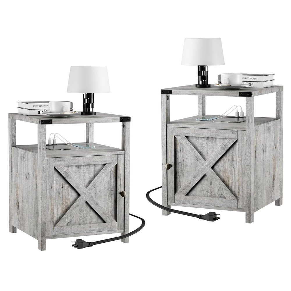 HOSEOKA Farmhouse Nightstand Set of 2 with Charging Station, Rustic End Table Bedroom with Storage Living Room Side Table Grayish White Night Stand Industrial Bedside Table