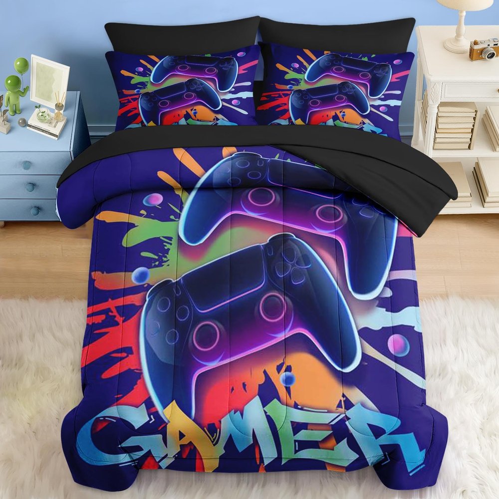 Pamnest Comforter Set Full Size, Game Graffiti 7 Pcs Bedding for Kids and Adults, Neon Geometric Gaming Bed Sheet Sets with Fitted Sheet 2 Pillowcase & 2 Sham for Bedroom Bed Decor