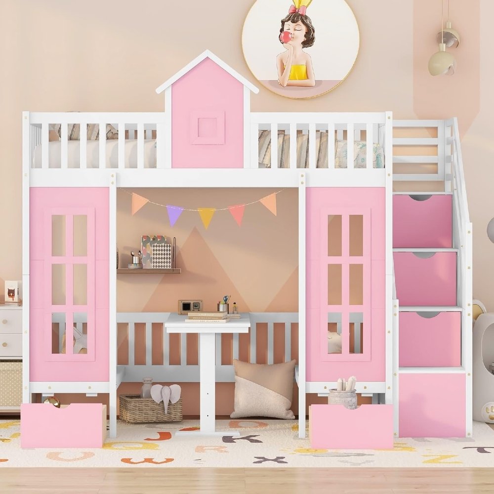Bishilin Bunk Bed Twin Over Twin for Adults, Pink Bunk Bed with Changeable Table, Can be Turned Into Upper Bed and Down Desk, Solid Wood