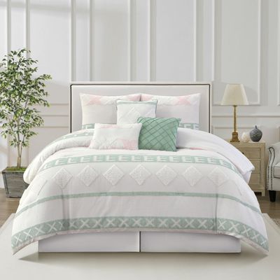 Grand Avenue 7 Piece White Green Comforter Set, California King Size Clipped Bedding Set, All Season Geometric Bedding, Matching Pillows, Shams, Bed Skirt