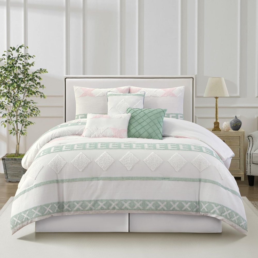 Grand Avenue 7 Piece White Green Comforter Set, California King Size Clipped Bedding Set, All Season Geometric Bedding, Matching Pillows, Shams, Bed Skirt