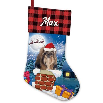 GUGLILI Funny Shih Tzu Dog Stay in The Chimney Christmas Stocking Red Bufflo Plaid Custom Stockings Holiday Xmas Christmas Decorations for Family Friend 14 Inch 1 Pack