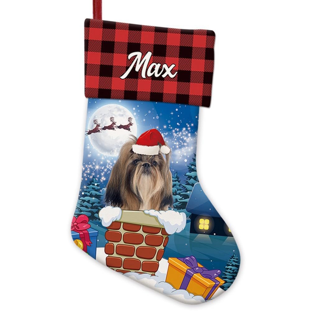 GUGLILI Funny Shih Tzu Dog Stay in The Chimney Christmas Stocking Red Bufflo Plaid Custom Stockings Holiday Xmas Christmas Decorations for Family Friend 14 Inch 1 Pack