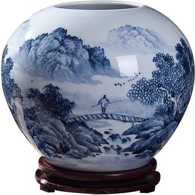 DONGDAWAN Vase Flower Vase Ceramic Vase 9 Inches Large Blue and White Porcelain Flower Vase Chinese Landscape Hand-Painted Rough Pottery Vases Bedroom Living Room Decor Ornament Vase Desktop Decor