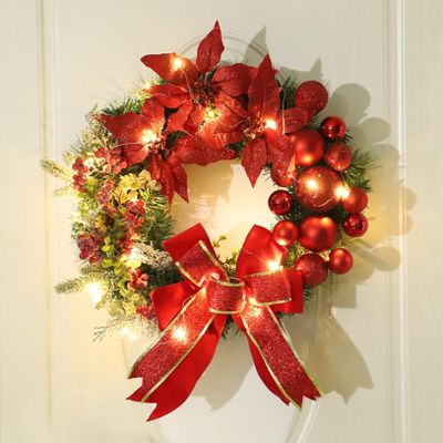 Prelit Christmas Wreath, Artificial Christmas Door Wreath with Lights, Christmas Balls, Pine Cones, Pine Needles and Gold Berries for Indoor Outdoor Home Decoration (with Lights, Wreath.03)