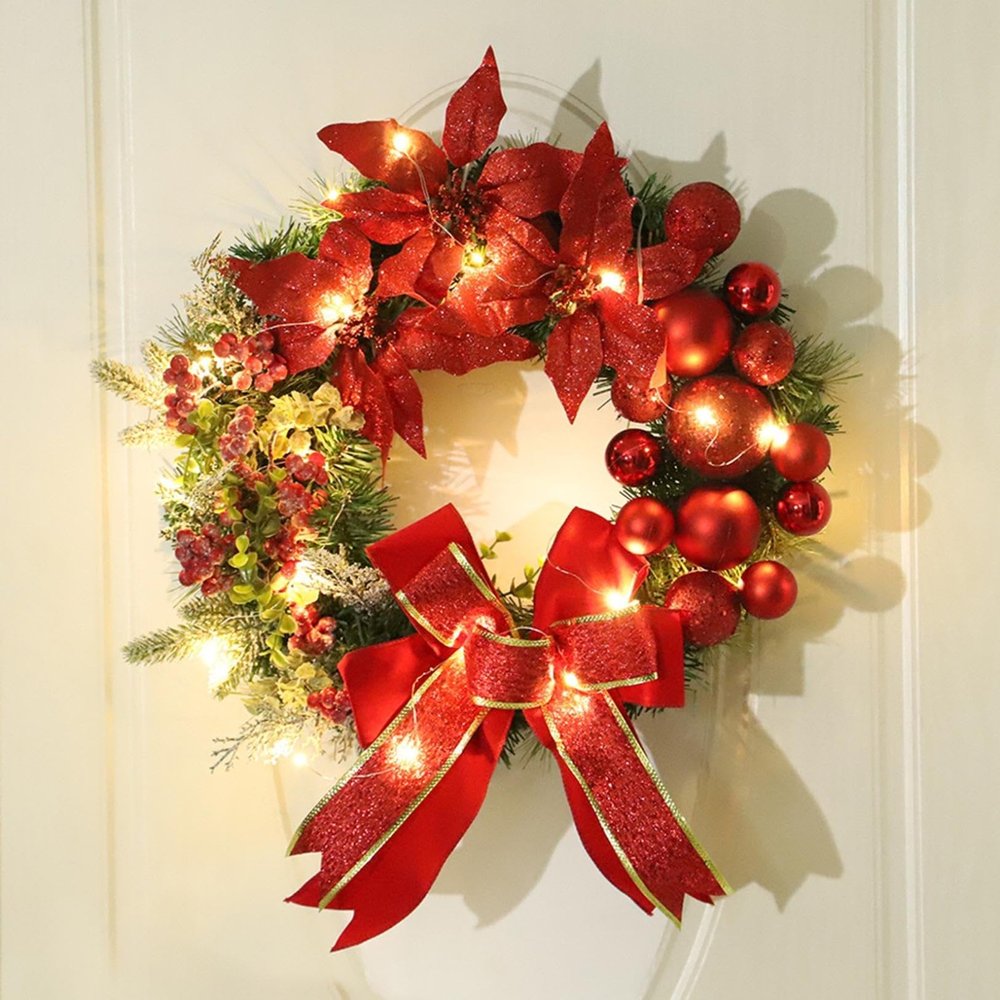 Prelit Christmas Wreath, Artificial Christmas Door Wreath with Lights, Christmas Balls, Pine Cones, Pine Needles and Gold Berries for Indoor Outdoor Home Decoration (with Lights, Wreath.03)