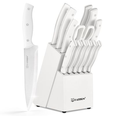 KATISUN Knife Set, White High Carbon Stainless Steel Kitchen Knife Sets with Block, Built-in Sharpener, Forged Triple Rivet, Dishwasher Safe