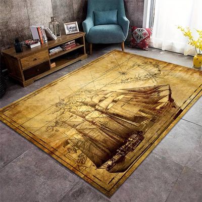 HONGXIU Vintage Pirate Ship Area Rug,5x6ft Nautical Ocean Rug, World Map Rug, Indoor Non-Slip Washable Bathroom Rug for Living Room Bedroom Dormitory Home Decor