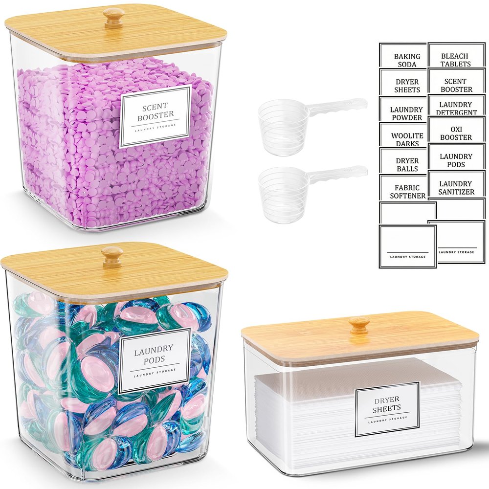 2+1 Pack Laundry Pods Container,Clear Laundry Detergent Powder Storage Containers,Laundry Room Organization Containers with Wooden Lids & Labels,Laundry Pods Holder for Scent Booster,Dryer Ball