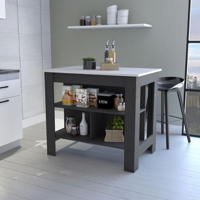 CHARMMA 40.5" Kitchen Island, Farmhouse Wooden Stationary Island Table with 3 Concealed Shelves,Side Open Kitchen Table with White Topboard Shelf for Dining Room(Grey)