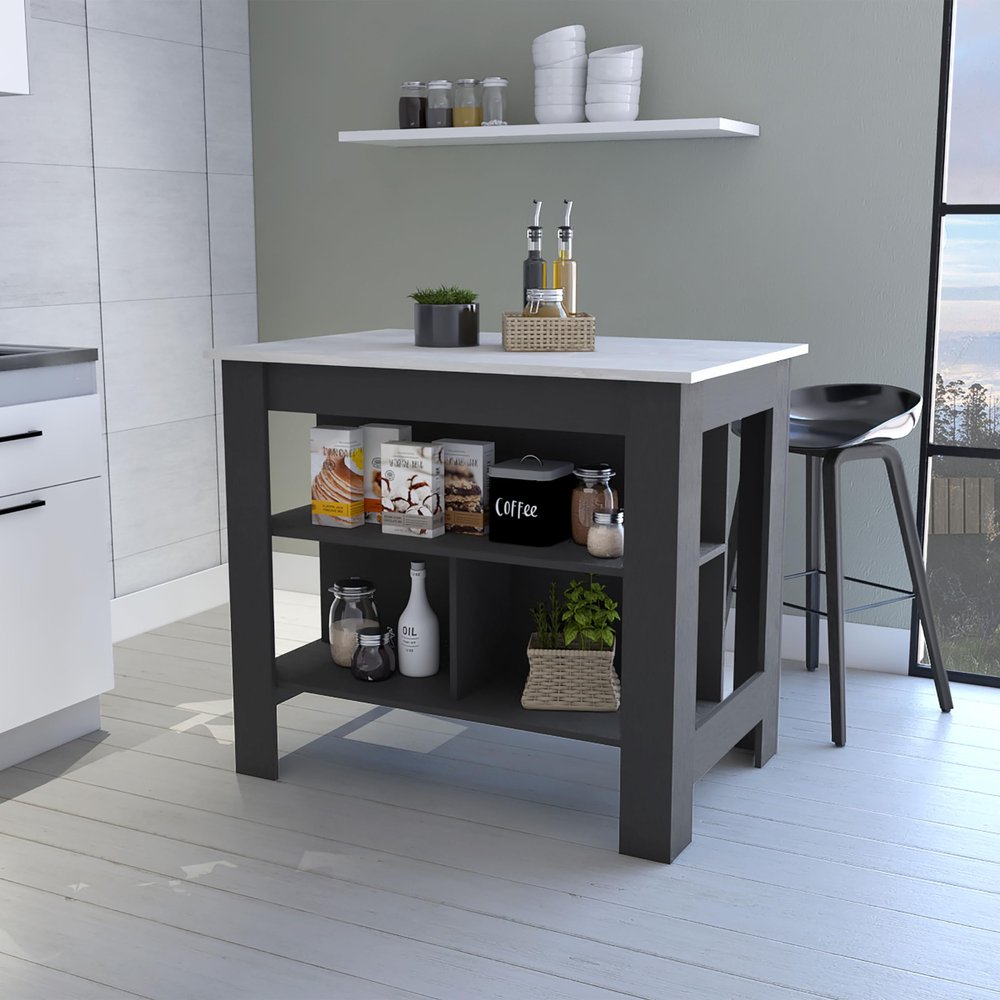 CHARMMA 40.5" Kitchen Island, Farmhouse Wooden Stationary Island Table with 3 Concealed Shelves,Side Open Kitchen Table with White Topboard Shelf for Dining Room(Grey)