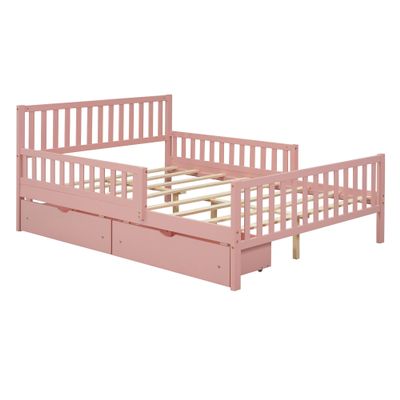 SOFTSEA Cute Full Platform Bed Frame for Boys Girls with Guardrail and Storage Wood Bed Frame with Drawers for Storage, Wood Slats and No Box Spring Needed, Pink