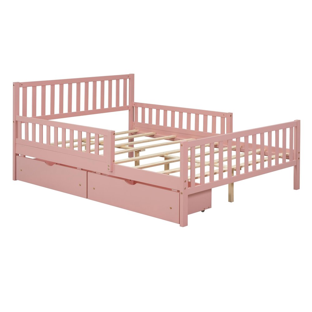 SOFTSEA Cute Full Platform Bed Frame for Boys Girls with Guardrail and Storage Wood Bed Frame with Drawers for Storage, Wood Slats and No Box Spring Needed, Pink