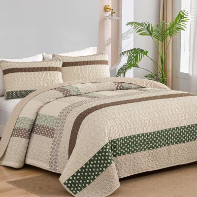 WONGS BEDDING Khaki Quilt King Size, Bohemian Stripe Quilt Sets 3 Pieces Boho Quilted Bedspread Set Lightweight Microfiber Coverlet Bedding Set All Season (104"x90")