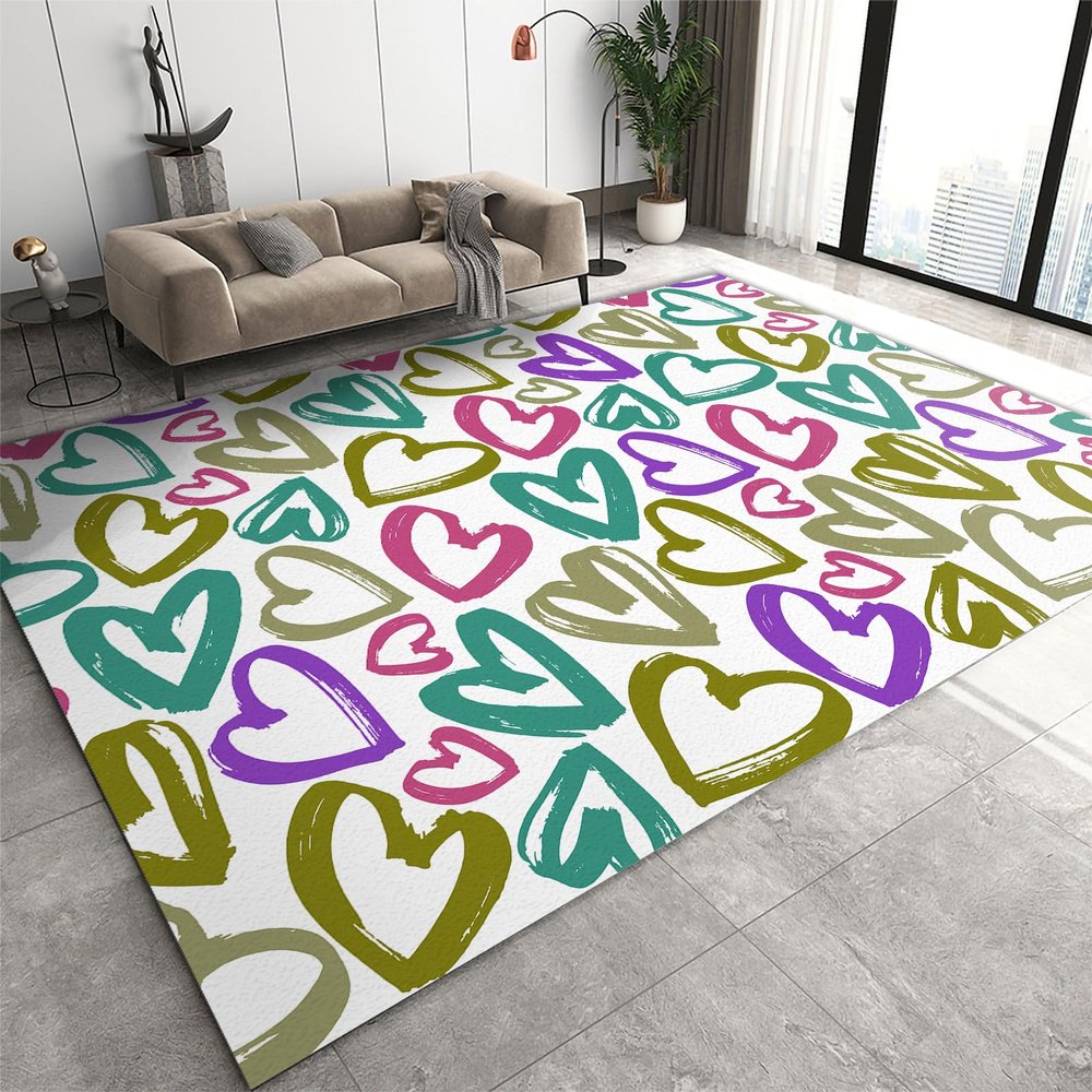 6x9 Area Rugs Cute Love Heart Living Room Rugs, Cartoon Heart Geometric Line Classroom Rug with Carpet Non-Slip Backing for Bedroom Office Home Decor