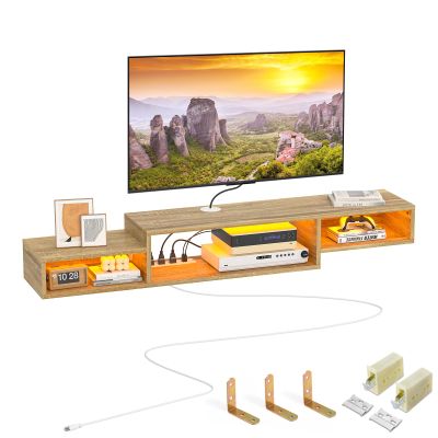 FABATO 59'' Floating TV Stand with LED Light Power Outlet, Floating Shelf for Under TV Wall Mount with Storage Shelf, Media Console Entertainment Center for Living Room, Natural Oak