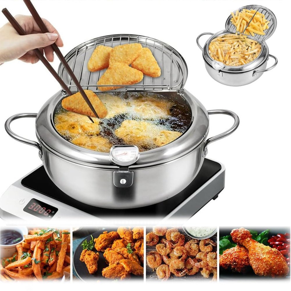 Stainless Steel Deep Fryer, Japanese Deep Fryer Pot, Stainless Steel Frying Pot with Thermometer & Oil Drip Drainer Rack, Precision Japanese Tempura Frying Pan with Lid(11in)