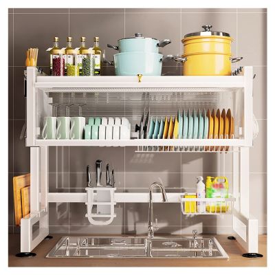Dish Rack, 2 Tier Over The Sink Dish Drying Rack, Kitchen Counter Dish Drainer Rack, Dish Drying Rack with Metal Utility Hook (Color : White, Size : 65X30X80Cm) (White 65X30X80Cm) (White 95x30x80cm)