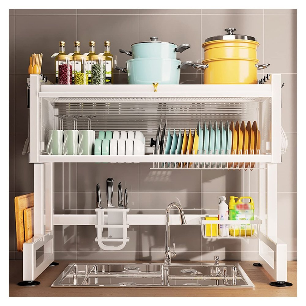 Dish Rack, 2 Tier Over The Sink Dish Drying Rack, Kitchen Counter Dish Drainer Rack, Dish Drying Rack with Metal Utility Hook (Color : White, Size : 65X30X80Cm) (White 65X30X80Cm) (White 95x30x80cm)