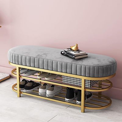 JIXDILO Velvet Upholstered Entryway Bench,Modern Shoe Bech Shoe Rack Bench with 2 Tier Shoe Shelf,Hallway Porch Shoe Storage Organizer(47.2", Gray)