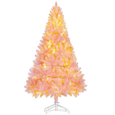 HOMCOM 6' Tall Prelit Christmas Tree Douglas Fir Artificial Christmas Tree with Realistic Branches, 250 Warm White LED Lights and 1000 Tips, Pink