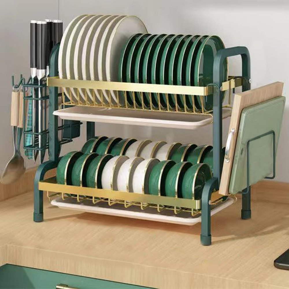 3-Tier Spice Rack, Dish Drying Rack Adjustable Large Dish Drainer for Storage Kitchen Counter Organization Compact Kitchen Dish Rack Drainboard Set (Black 56x23.5x61cm) (Green 42x2 (Gree