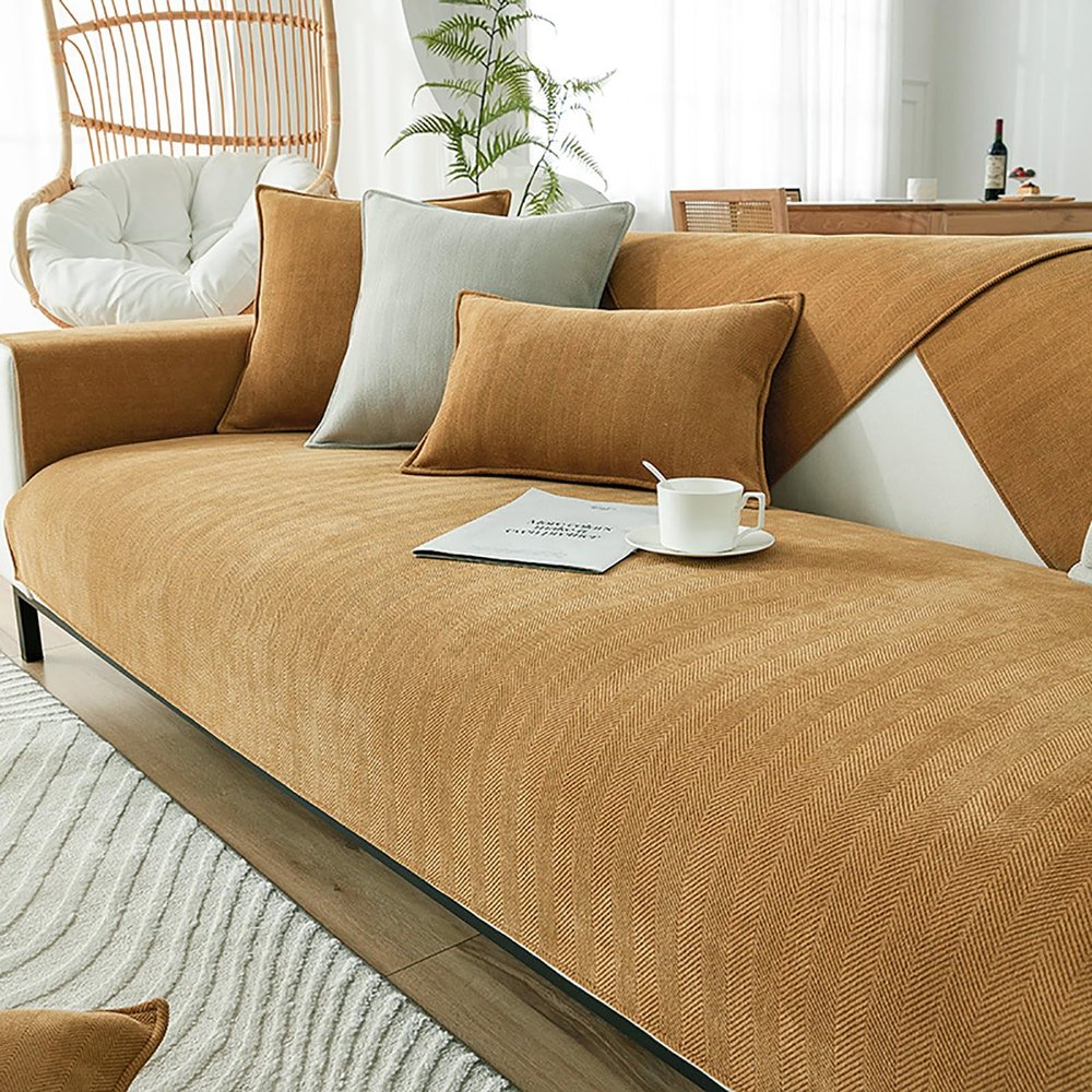 Funny Fuzzy Couch Cover,chenille sofa cover,pet couch covers for sofa,soft Herringbone Sofa Slipcover For Couch,non Slip Sectional Sofa Cover Furniture Protector 1pc(70x90cm(28x35inch), Khaki)