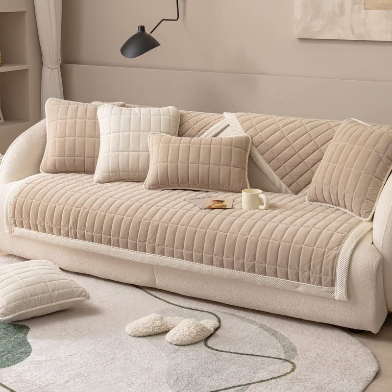 Dfcdcoo Couch Cover,Sofa Cover Sectional Couch Covers,Plaid Quilted Suede Sofa Cover, Super Soft Non Slip Sectional Furniture Couch Covers (Coffe,Waist pillowcase/13x13in)