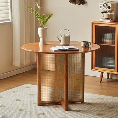 JIXDILO Mid-Century Modern Dining Table,Solid Wood Pedestal Kitchen Dining Room Tables,Rattan Base,Farmhouse Dining Table for 2,4,6,8(31.5inch, Round)