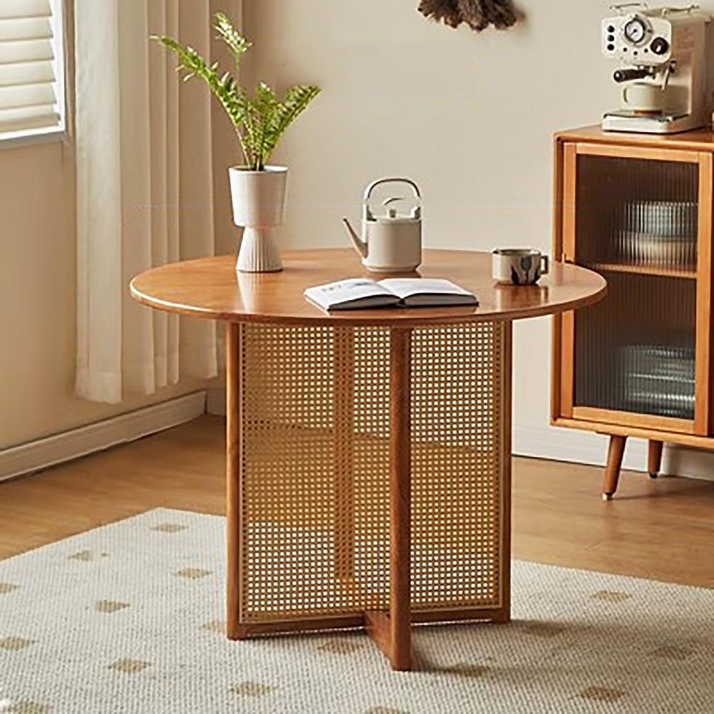 JIXDILO Mid-Century Modern Dining Table,Solid Wood Pedestal Kitchen Dining Room Tables,Rattan Base,Farmhouse Dining Table for 2,4,6,8(31.5inch, Round)