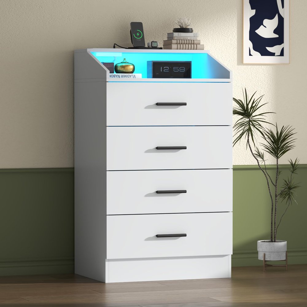 4 Drawer Dresser for bedroom with LED Light, Modern Dresser with Power Outlet, White Dressers with Open Storage Cubby, Chest of Drawers Storage Organizer for Bedroom, Hallway, Living Room(White)