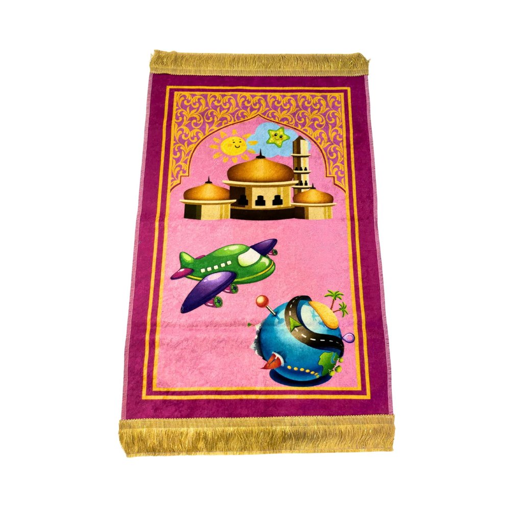 Rolezyum Kids Islamic Prayer Rug, Pink, 90cm x 42cm, Cartoon, Modern, Washable, Non Slip, Machine Wash, Prayer Rug