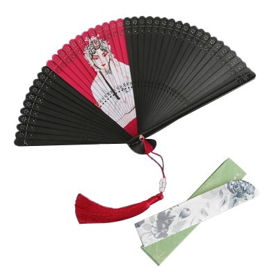 Bamboo Folding Fan - Peking Opera Pattern Handheld Fan, 7.9" Handmade Hand Fan with Fan Cover, Tassel and Gift Box