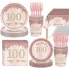 121Pcs 100th Birthday Party Supplies Plates Napkins Cups Forks Tablecloth Rose Gold Happy 100th Birthday Themed Disposable Tableware Decorations Serves 24 Guests for Women 100 Years view 1