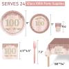 121Pcs 100th Birthday Party Supplies Plates Napkins Cups Forks Tablecloth Rose Gold Happy 100th Birthday Themed Disposable Tableware Decorations Serves 24 Guests for Women 100 Years view 2