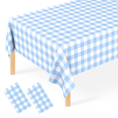 2 Pack Blue Gingham Tablecloth, Disposable Plastic Light Blue Checkered Table Cloth, Blue & White Plaid Table Cover for Outdoor Picnic, Wedding, Baby & Bridal Shower, Birthday Party (54 x 108 Inch)