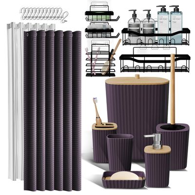 Shower Caddy and Bathroom Accessories Set, 25PC Bathroom Accessory Set with Shower Caddy for Bathroom Storage, Purple Shower Curtain Set, Toilet Brush, Trash Can, Soap Dispenser, Toothbrush Holder